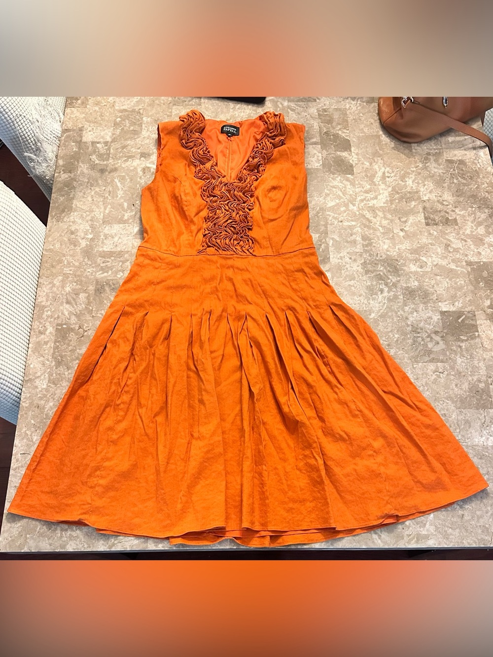 Adrianna Papell V Neck Ruffle Fit n Flare Linen Midi Dress Size 14 Orange